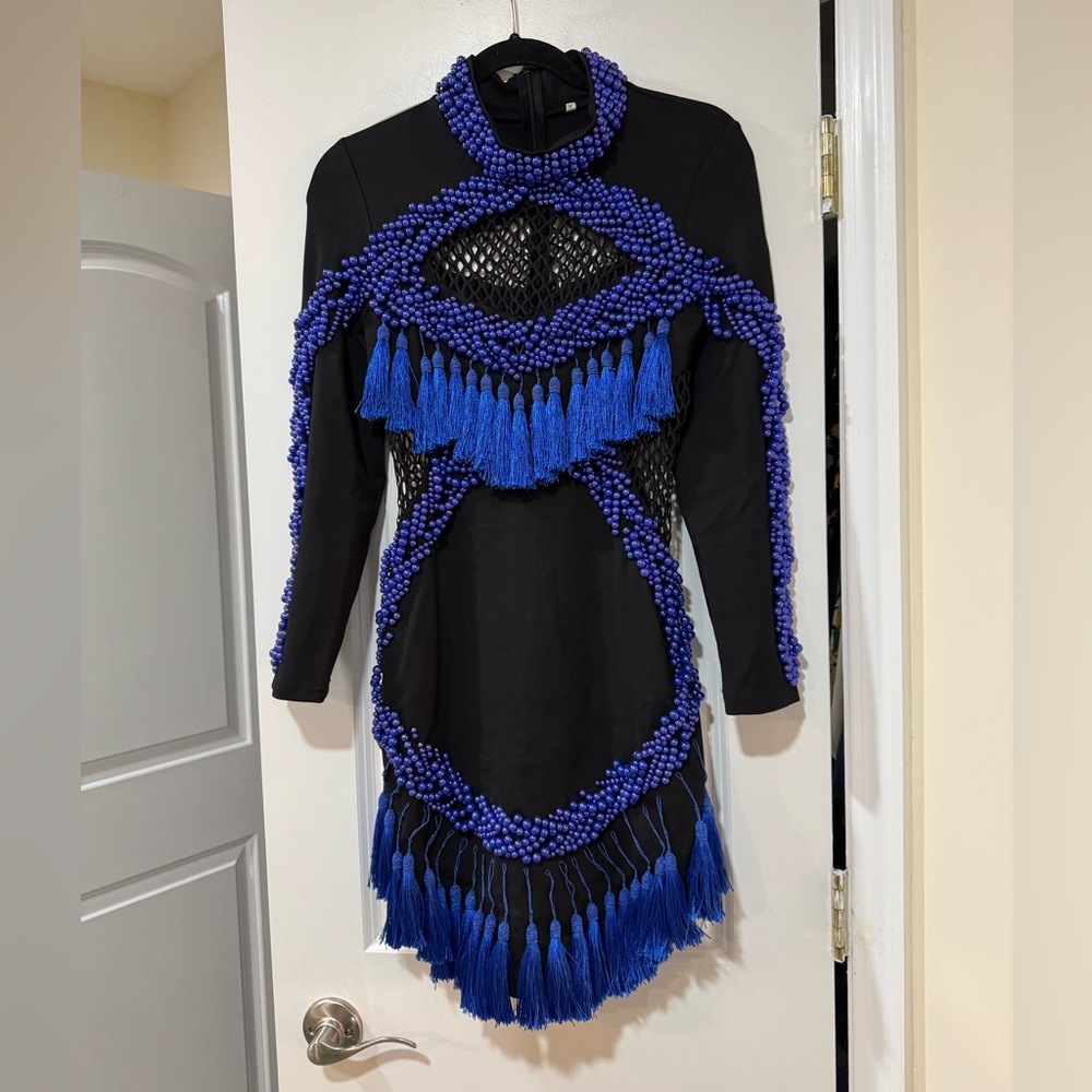 Elegant Blue and Black Women's Dress Beaded Mesh Tassel Dress - Picture 3 of 6